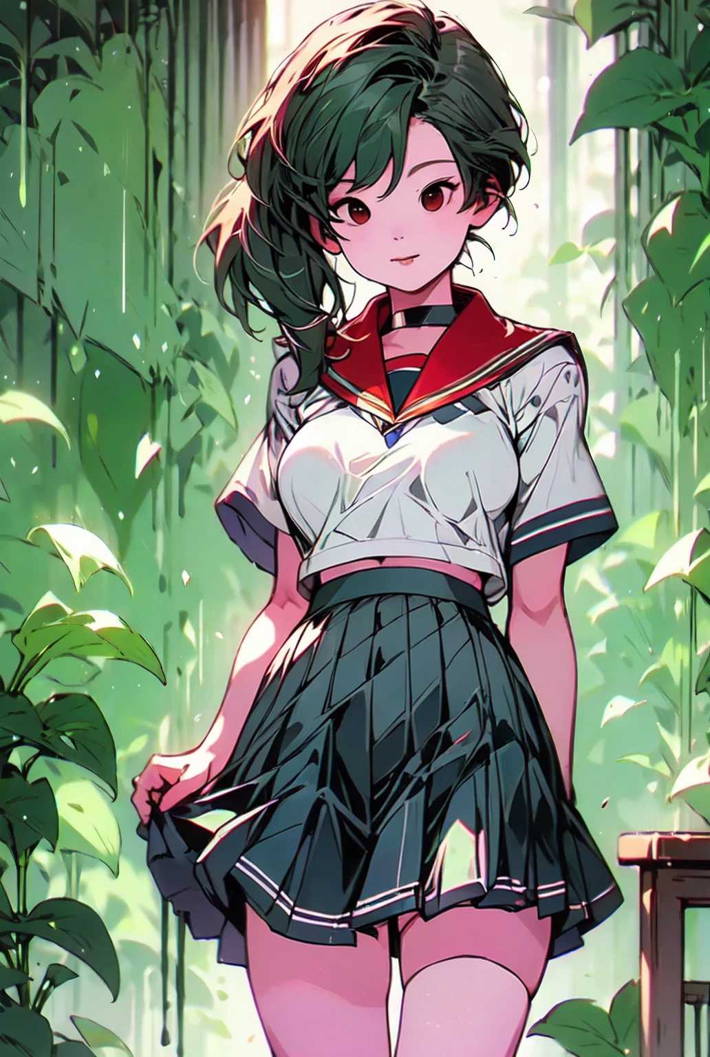 Hair is green、 sailor suit、White summer clothes、The collar is black 、 white three lines 、 the red scarf is short、 Pleated Skirts、 the pleats are narrow 、 length short skirt 、 miniskirt that snaps around the knee、Beautiful breasts、Big Breasts、Busty、超Big Breasts、Small waist、 long foot、