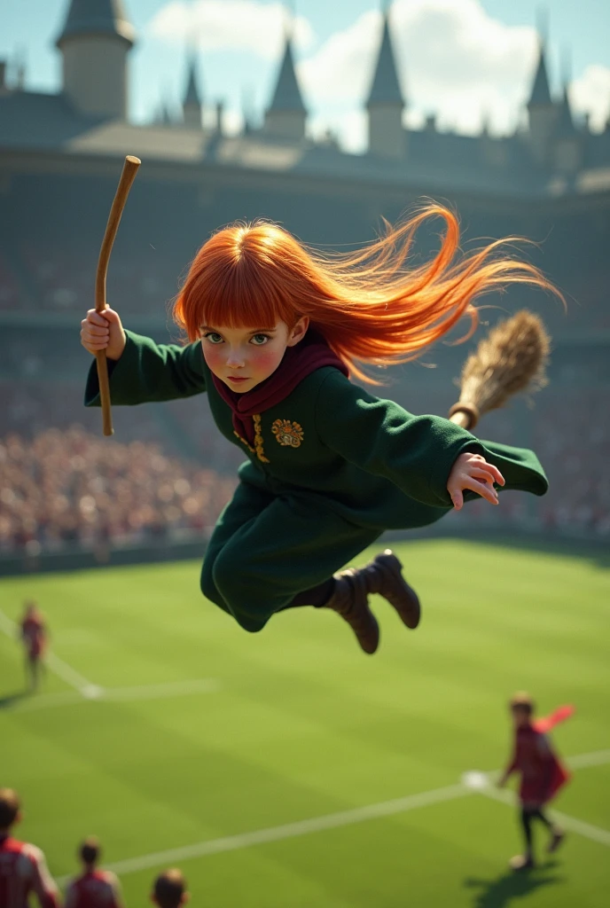 Una ragazza di 12 anni con i capelli rossi molto lisci e la frangia che gioca a Quidditch nel campo da Quidditch e vola molto in alto sopra una scopa