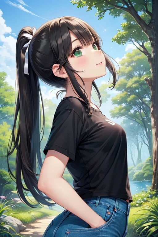 Takane Manaka、 Shiny brown long hair、 ribbon ponytail,、 beautiful brown eyed middle school students 、smile、Sparkling Eyes, (fine grain)、 very detailed eyes、 extremely detailed face,  very detailed eyes, masterpiece,  best quality,  high definition , ( best quality,masterpiece:1.2),Alone,Alone、 cowboy shots、nsfw、




 absurd,  ultra-detailed,  bright color , (とてもきれいな秋の葉のforest:1.5), (Look up:1.5),(from side:1.5),green_Sky Porn, Built, cliff, Cloud, cloudy_Sky Porn, , forest, Grass is overgrown, Jungle, lake, lens_Flare, Mont, Natural, Outdoors, treeの道, landscape,  Sky, sun, sunの光, sunlight,The tree, tree_shade, water, (Tight jeans:1.3), ( black t-shirt :1.4), (Look up at the sky and slowly :1.6),(Deep green Eyes:1.3), depth of field, Delicate beautiful face, blush、 white skin,  earrings for a woman alone,