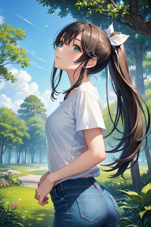 Takane Manaka、 Shiny brown long hair、 ribbon ponytail,、 beautiful brown eyed middle school students 、smile、Sparkling Eyes, (fine grain)、 very detailed eyes、 extremely detailed face,  very detailed eyes, masterpiece,  best quality,  high definition , ( best quality,masterpiece:1.2),Alone,Alone、 cowboy shots、nsfw、




 absurd,  ultra-detailed,  bright color , (とてもきれいな秋の葉のforest:1.5), (Look up:1.5),(from side:1.5),green_Sky Porn, Built, cliff, Cloud, cloudy_Sky Porn, , forest, Grass is overgrown, Jungle, lake, lens_Flare, Mont, Natural, Outdoors, treeの道, landscape,  Sky, sun, sunの光, sunlight,The tree, tree_shade, water, (Tight jeans:1.3), ( black t-shirt :1.4), (Look up at the sky and slowly :1.6),(Deep green Eyes:1.3), depth of field, Delicate beautiful face, blush、 white skin,  earrings for a woman alone,