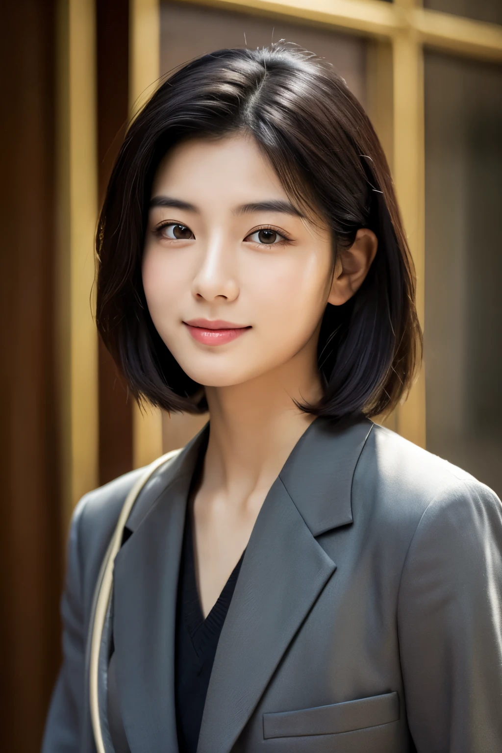  Portrait Photography ，  A handsome young Chinese man  ， 20-year-old head ， Dark brown short hair ， light beard ， Thick eyebrows ，  Deep and expressive eyes  ， nose slightly high ，  Calm and calm spirit  ，  Naturally divided Layered and well-groomed hairstyle  ，  wears a dark suit and black shirt  ， Simple and elegant style ，  The overall image is a bit like a young Liu Dewar  ，   Confident standing   ，  double pockets  ，Smile，  exudes mature confidence  ，  Typical oriental face features  ，  A concise gray gradient background accentuates facial features and three-dimensional details， taken from a flat perspective ，Shallow depth of field，  rich skin details  ， Indoor shooting  ，  Canon EOS R5 camera  ，  Kodak Eka Tar 100 fils  ，Superrealistic ，}  cinematic feel — style raw —s 400—ar 4  :3-v 6  ， women's breast D cup 