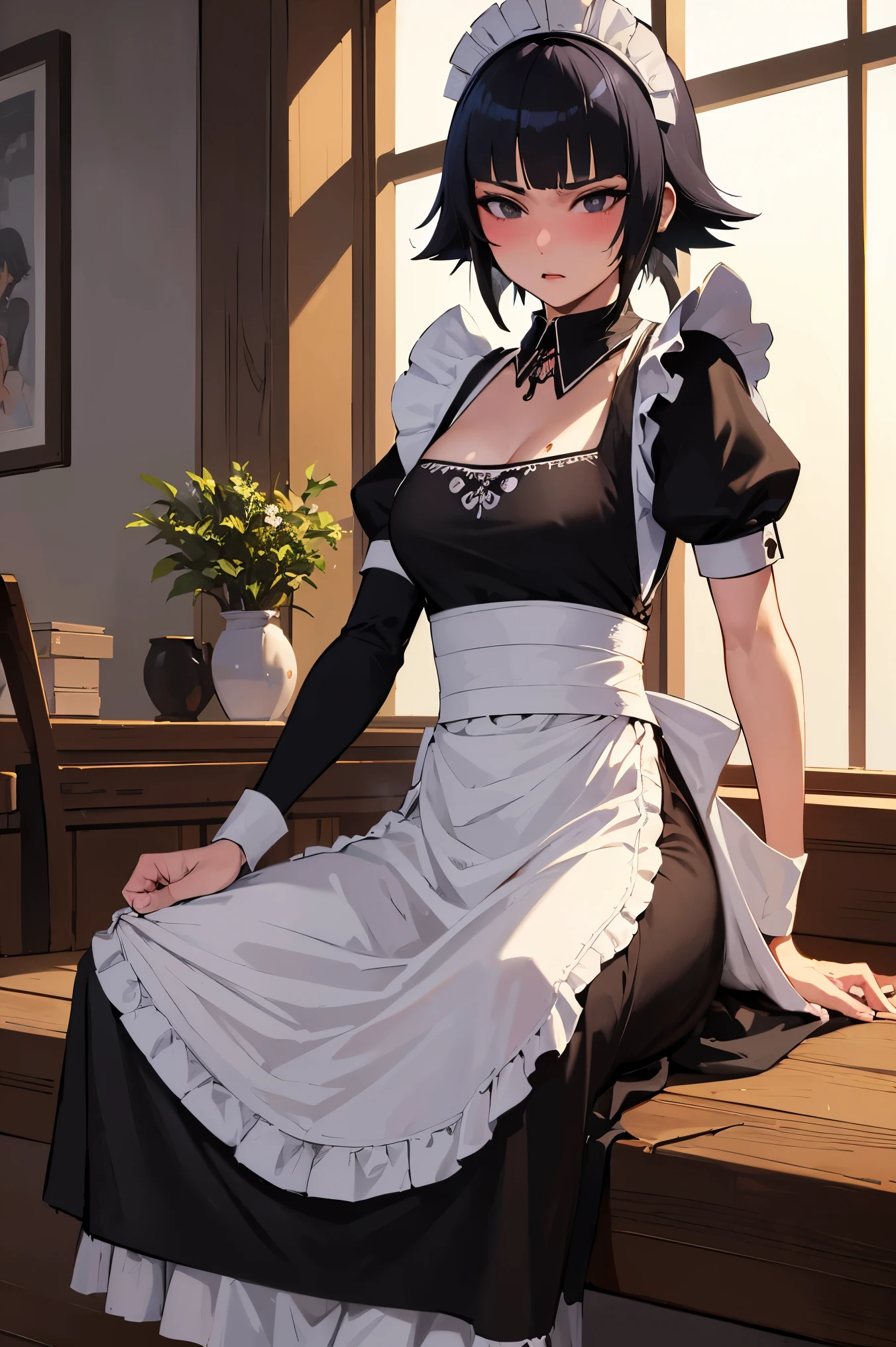 NSFW,masterpiece, best quality, high definition , very detailed,Soi Fon, shorthair 、 long hair,( maid clothes:1.5), Crop Top , miniskirt that snaps around the knee, maid headband , cleavage,Amazed expression,blush, coffee shop