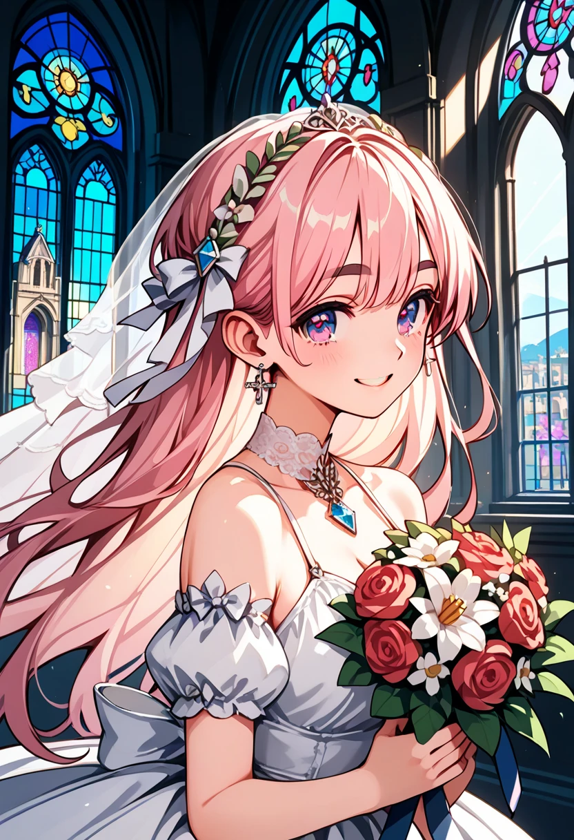  score_9,  score_8_up, score_7_up, Sheep:1.3,  1 girl, Alone, pupil\ beautiful like a jewel \Shine, hair\Pink and fluffy \long\ soft , Thick eyebrows:1.4,  Wedding Dress \pure white\ studded with beautiful embroidery and sequins, bouquet\Chest, smile, 幸せなsmile,  big smile when looking back,  beautiful and gentle backlight , (((UHD, masterpiece, anatomically correct, textured skin, super detail, high details, best quality,  highres icon, 8k))), cinematic lighting, god rays, church\ with gentle light shining in\ Beautiful Stained Glass \Breathtaking beauty 