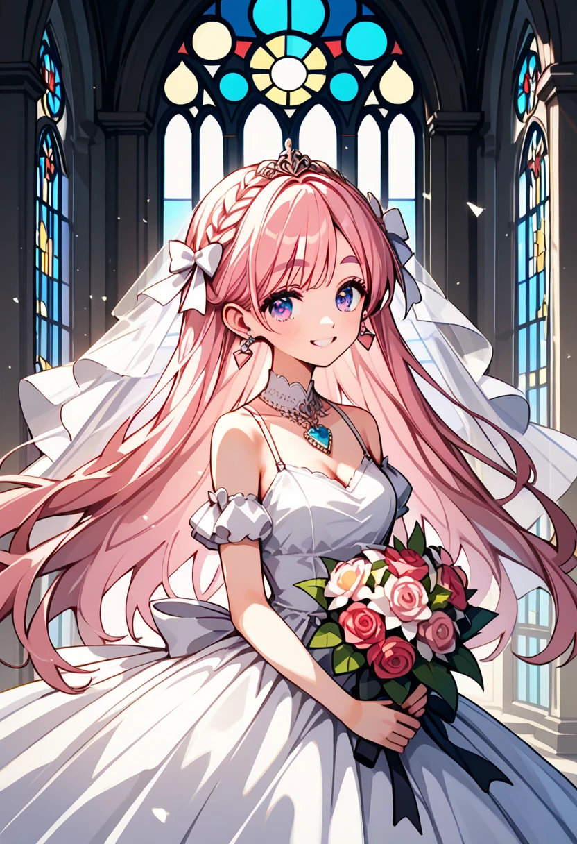  score_9,  score_8_up, score_7_up, Sheep:1.3,  1 girl, Alone, pupil\ beautiful like a jewel \Shine, hair\Pink and fluffy \long\ soft , Thick eyebrows:1.4,  Wedding Dress \pure white\ studded with beautiful embroidery and sequins, bouquet\Chest, smile, 幸せなsmile,  big smile when looking back,  beautiful and gentle backlight , (((UHD, masterpiece, anatomically correct, textured skin, super detail, high details, best quality,  highres icon, 8k))), cinematic lighting, god rays, church\ with gentle light shining in\ Beautiful Stained Glass \Breathtaking beauty 