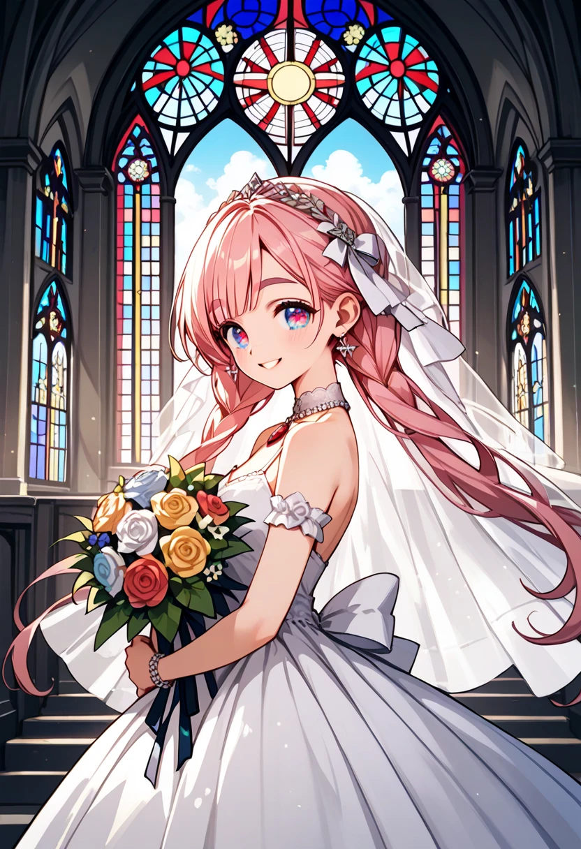  score_9,  score_8_up, score_7_up, Sheep:1.3,  1 girl, Alone, pupil\ beautiful like a jewel \Shine, hair\Pink and fluffy \long\ soft , Thick eyebrows:1.4,  Wedding Dress \pure white\ studded with beautiful embroidery and sequins, bouquet\Chest, smile, 幸せなsmile,  big smile when looking back,  beautiful and gentle backlight , (((UHD, masterpiece, anatomically correct, textured skin, super detail, high details, best quality,  highres icon, 8k))), cinematic lighting, god rays, church\ with gentle light shining in\ Beautiful Stained Glass \Breathtaking beauty 