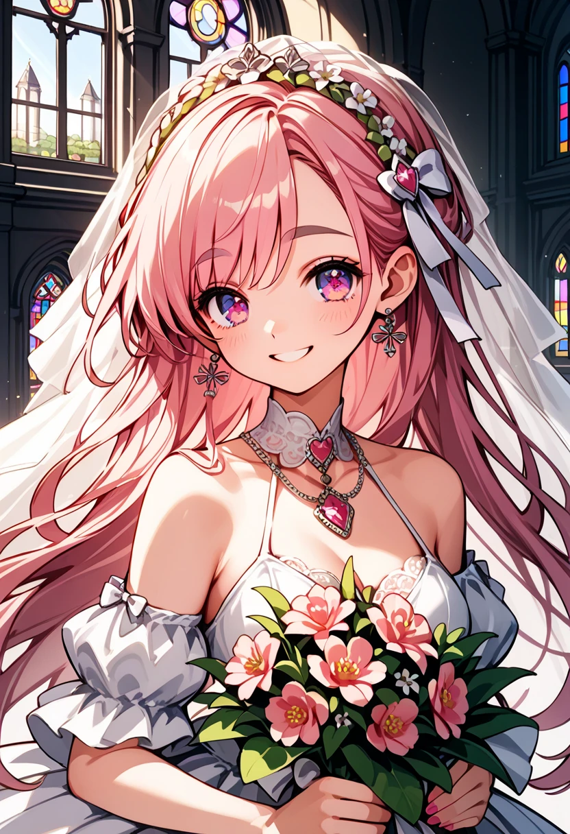  score_9,  score_8_up, score_7_up, Sheep:1.3,  1 girl, Alone, pupil\ beautiful like a jewel \Shine, hair\Pink and fluffy \long\ soft , Thick eyebrows:1.4,  Wedding Dress \pure white\ studded with beautiful embroidery and sequins, bouquet\Chest, smile, 幸せなsmile,  big smile when looking back,  beautiful and gentle backlight , (((UHD, masterpiece, anatomically correct, textured skin, super detail, high details, best quality,  highres icon, 8k))), cinematic lighting, god rays, church\ with gentle light shining in\ Beautiful Stained Glass \Breathtaking beauty 