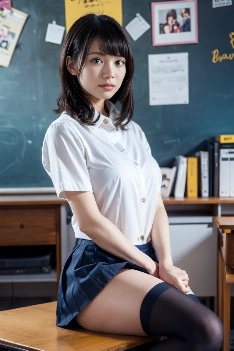 The pieces fly, Highest quality, figure, Very detailed, The finer details, High resolution, 8k,wallpaper, Perfect dynamic composition,(Detailed high quality, Realistic depiction of eyes:1.3), From the side, High school classroom、Schoolgirl uniform、cardigan、Super Short Check Uniform Skirt、Navy blue knee-high socks、garter belt、huge 、Disheveled uniform,  short hair, (Wavy Hair:1.2), Black hair color, (living room, Study at a desk, Sitting, Arms crossed, hugeな胸), Big Natural Color Lip, Bold sexy pose, (Perfect figure), Crying a little、Cold Stare, Harajuku Style、20-year-old girl、Cute type, Beautiful feet, Gravure idol pose, Voluptuous thighs、(((big breasts)))