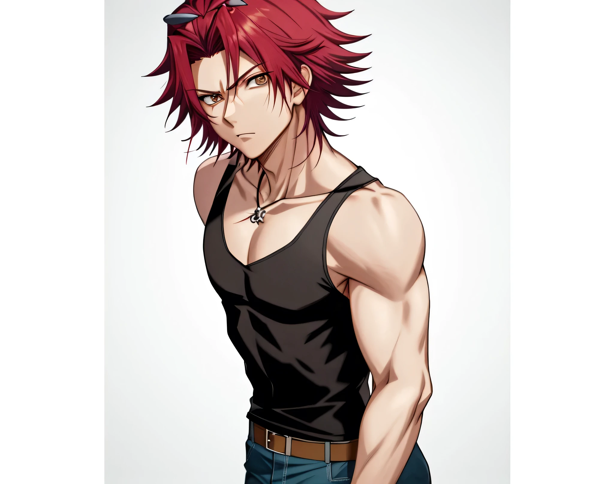 足を組んで床に座っている red hairのAnime Male, Anime Male,  anime styleキャラクター, clothing: black tank top , Man wearing denim shorts,  anime styleで,  anime style,  anime style,  muscular man, Knight of the Zodiac Boy, Short Hair,  red hair,  Teal Eyelids, In anime style, Masculine and muscular,  Skin Tight Tank Top , Bare Arms, Bare shoulders, Alone, looking at viewer,  male focus ,  cowboy shots,　