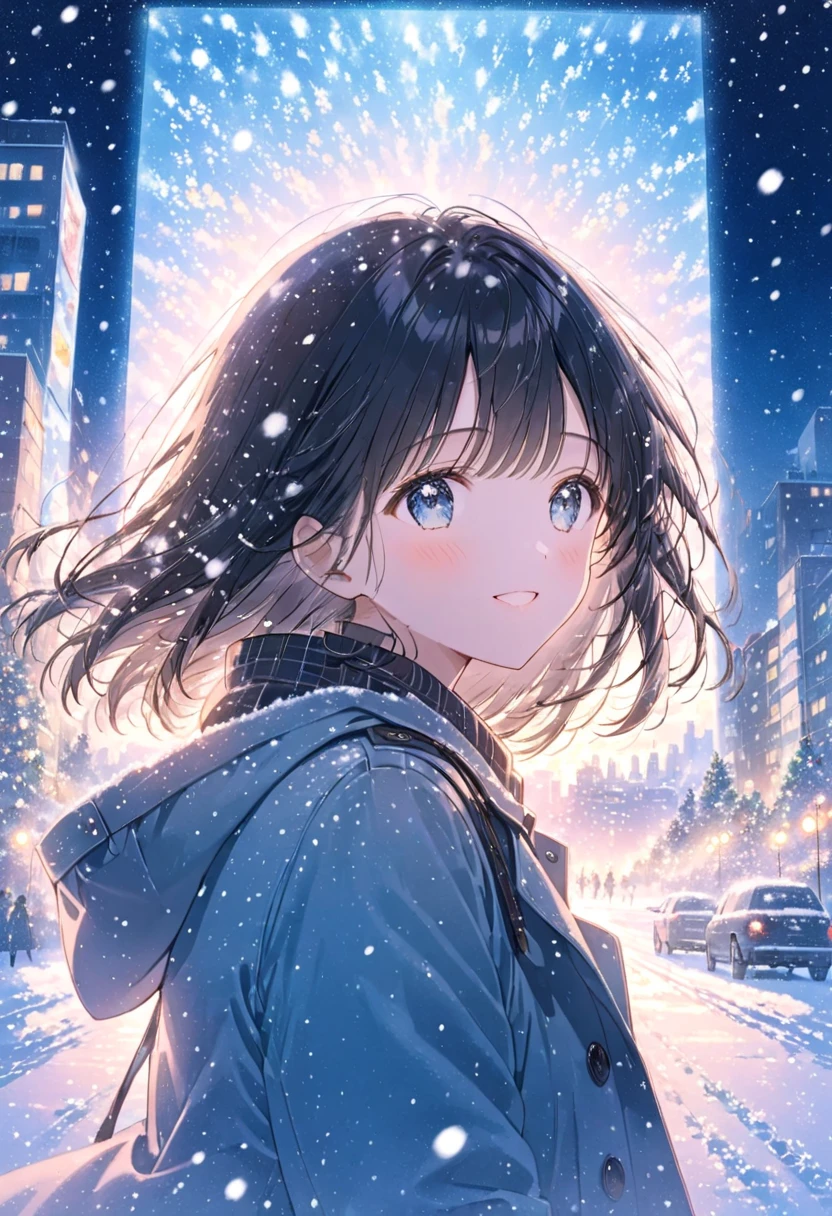 pastel、Glowing Picture  , One Woman , upper body, cowboy shots, coat,Black Hair, blue eyes,Wearing a cold ,blush　 the background is the city,Snow Scene　happiness, a scene from the movie , Best Moments Seen from a Distance Green Background