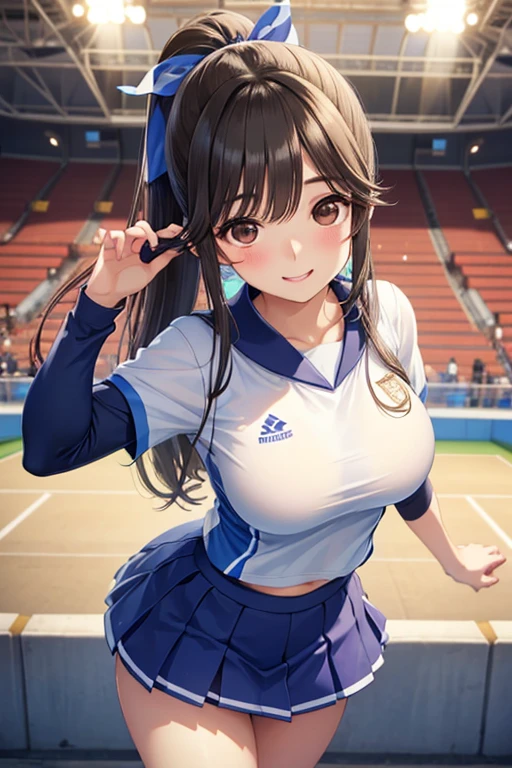 Takane Manaka、 Shiny brown long hair、 ribbon ponytail,、 beautiful brown eyed middle school students 、smile、Sparkling Eyes, (fine grain)、 very detailed eyes、 extremely detailed face,  very detailed eyes, masterpiece,  best quality,  high definition , ( best quality,masterpiece:1.2),Alone,Alone、 cowboy shots、nsfw、




(masterpiece:1.5),(Sound quality ),(high res), one woman alone ,smile, cheerleader,  Big Breasts ,  cheerleaderの制服,  I looked up at , Stadium