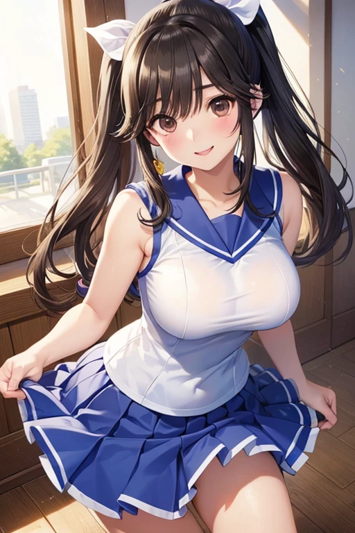 Takane Manaka、 Shiny brown long hair、 ribbon ponytail,、 beautiful brown eyed middle school students 、smile、Sparkling Eyes, (fine grain)、 very detailed eyes、 extremely detailed face,  very detailed eyes, masterpiece,  best quality,  high definition , ( best quality,masterpiece:1.2),Alone,Alone、 cowboy shots、nsfw、




(masterpiece:1.5),(Sound quality ),(high res), one woman alone ,smile, cheerleader,  Big Breasts ,  cheerleaderの制服,  I looked up at , Stadium