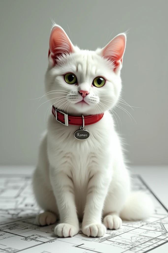 On the plan the white cat vsr . The cat has a collar . The collar says Romeo