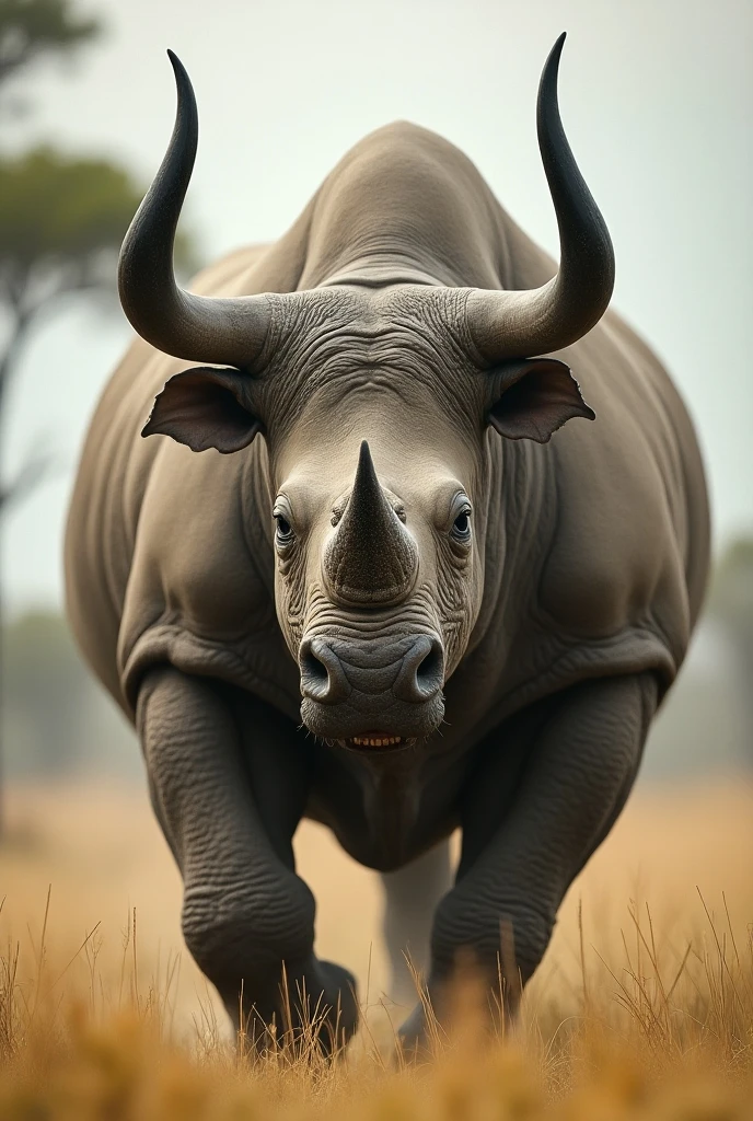 Create an ultra-realistic hybrid creature , resulting from the fusion of a rhinoceros and a bull , in an environment reminiscent of the African savanna . The creature must have the muscular and robust body of a bull , with the textured and gray skin typical of the rhinoceros . The horns must be a combination of Taurus horns and a large rhinoceros front horn. Your expression should exude anger and strength , with eyes and threatening posture . The setting must include golden grasses , sparse trees and natural lighting , highlighting the tension and grandeur of this mythical creature in an impending confrontation