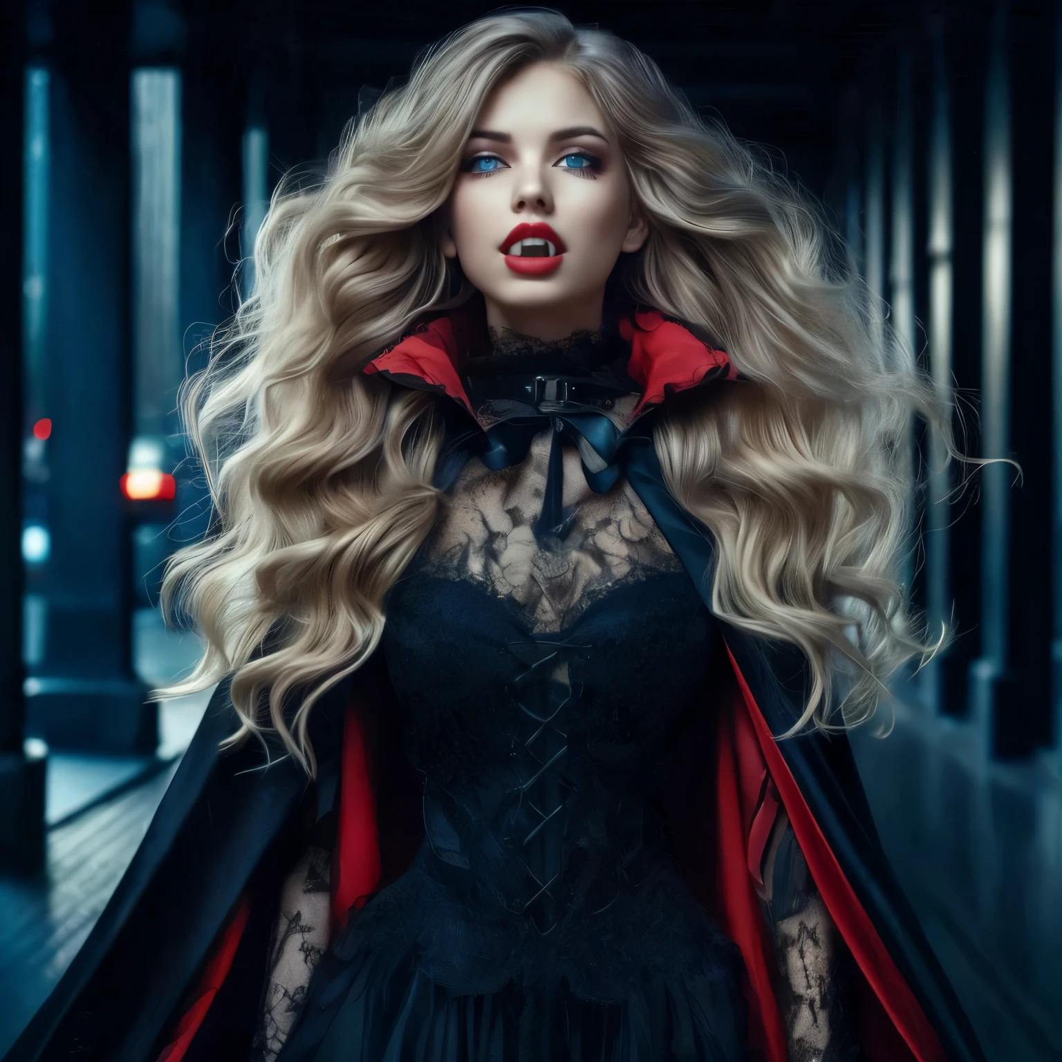 full length pose, young female vampire, pointed teeth, bright red lips, bright blue eyes, unbelievably long wavy blonde hair blowing in the wind, head slightly raised, sniffing, deep cleavage, long black flowing cloak with scarlet lining and a hood, goth style lacy long dress, standing in the shadows, she is hunting for prey, dark cyberpunk city background, photorealistic