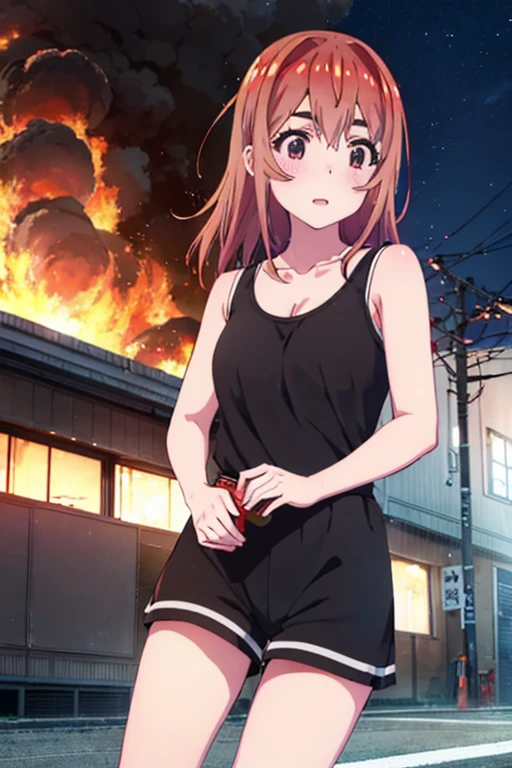 Sumi Sakurasawa、holding hundgun、at night、fence、1 girl、 cleavage、 Black Tank Top、 sexy black shorts、Turn around and show your butt、Infiltrate a military base、Military base exploding in flames、The building is on fire