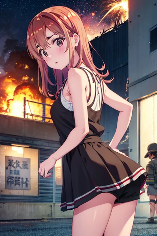 Sumi Sakurasawa、holding hundgun、at night、fence、1 girl、 cleavage、 Black Tank Top、 sexy black shorts、Turn around and show your butt、Infiltrate a military base、Military base exploding in flames、The building is on fire