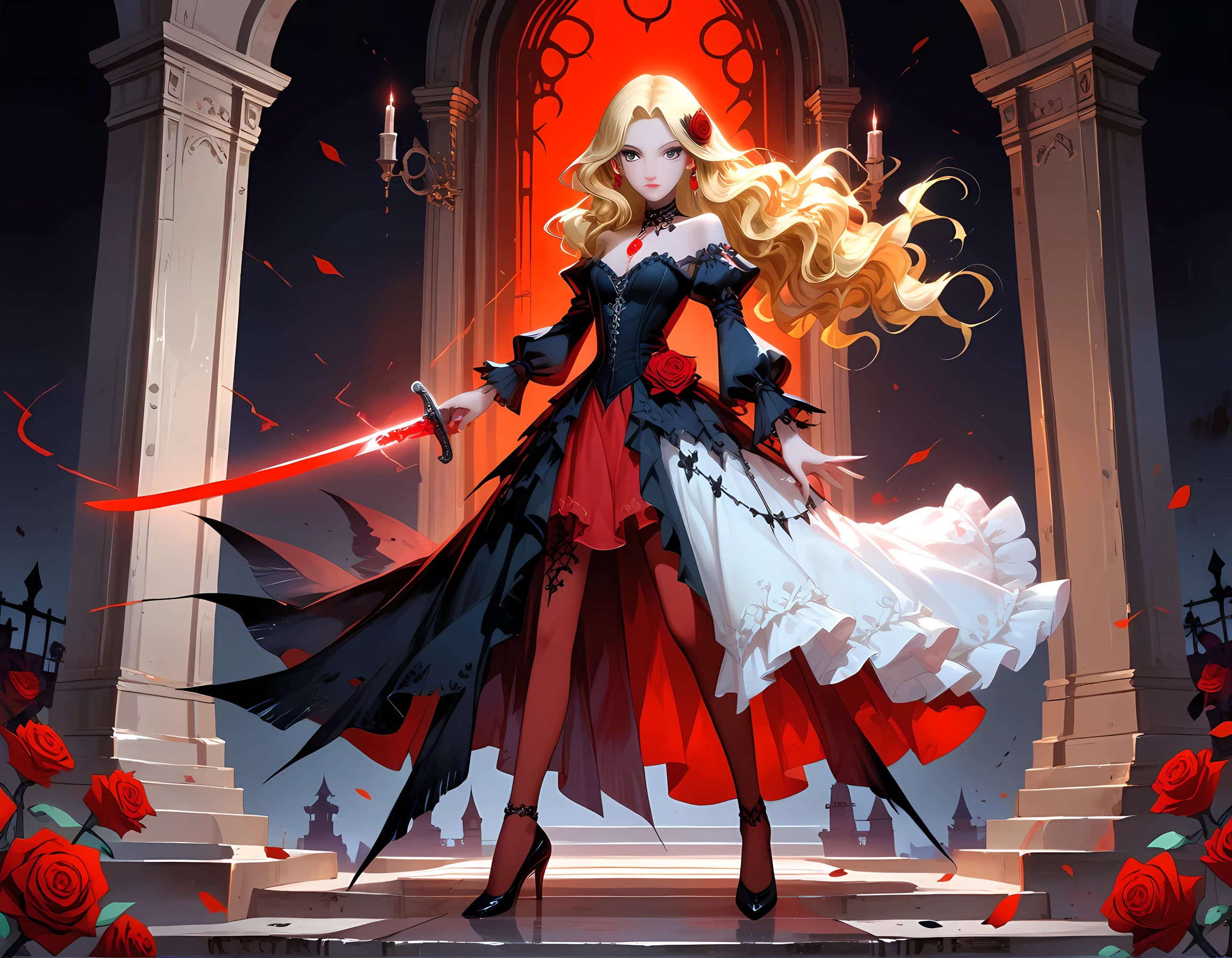 modisn disney, Arafed, Dark fantasy art, fantasy art, goth art, a picture of a female vampire, pale white skin, blond hair, long hair, wavy hair, (glowing grey: 1.3) eyes, she wears a (red: 1.3) red thigh suit, she holds a sword in hand, (ready for battle: 1.4) , the roses are imprinted on the suit (black: 1.4) black roses, high heels, full body shot, dark glamour shot, dark castle, dark, black and color, Dark Art Painting Style, flower dress,