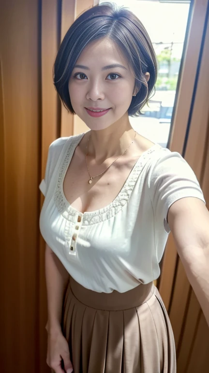 ( best quality, 8k, 32K, masterpiece,  ultra high resolution:1.2),美しい女性のSelfie写真, 45 year old housewife,  very short bob hair, upper body, face focus , blouse,  long skirt,  Necklaces ,  simple background, viewers,(Selfie), ((Selfie)), ((Selfie:1.2)), angle from above
