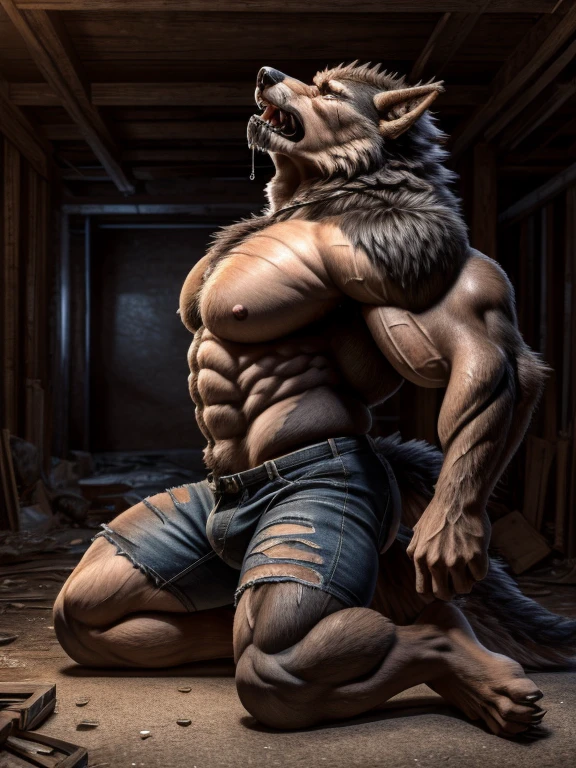 ((    is the best quality)), (( masterpiece )), ((4K)) (((   alone))), Werewolf，Gray Wolf,   perfect face   ，(((pain, facial pain， dramatic change ，Focused expression)))，  alone，Masculine charm  ，Endocrine  ，  Delicate Eyes   ，  palms into claws ，bowed legs ，( muscle )，(full breasts )，( Ripped shorts   )， howling and raising her head ,(   detailed torso   )，((( Toe Line    ))),(  lying on all fours )，mid-term transformation，basement，介于人类和Werewolf之间，( breast enlargement  ,  hip bulge)，(side view)，two pictures，The transformation process  ，Drooling， Smooth Human Pectoral Muscles 