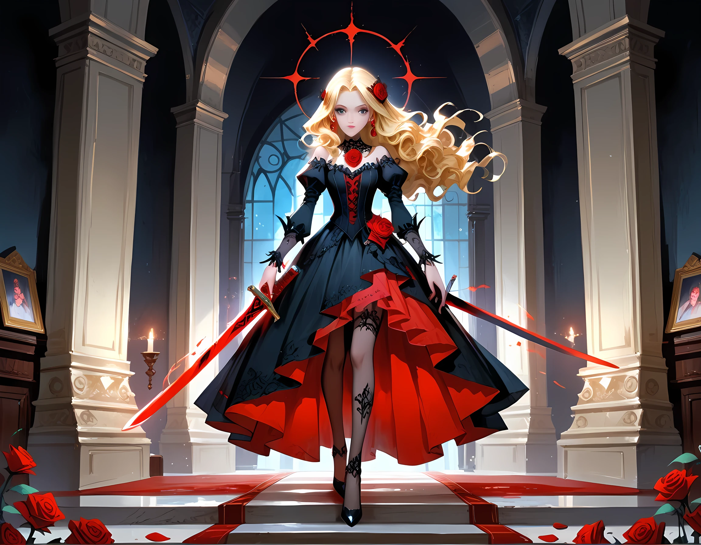 modisn disney, Arafed, Dark fantasy art, fantasy art, goth art, a picture of a female vampire, pale white skin, blond hair, long hair, wavy hair, (glowing grey: 1.3) eyes, she wears a (red: 1.3) red thigh suit, she holds a sword in hand, (ready for battle: 1.4) , the roses are imprinted on the suit (black: 1.4) black roses, high heels, full body shot, dark glamour shot, dark castle, dark, black and color, Dark Art Painting Style, flower dress,