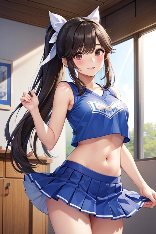 Takane Manaka、 Shiny brown long hair、 ribbon ponytail,、 beautiful brown eyed middle school students 、smile、Sparkling Eyes, (fine grain)、 very detailed eyes、 extremely detailed face,  very detailed eyes, masterpiece,  best quality,  high definition , ( best quality,masterpiece:1.2),Alone,Alone、 cowboy shots、nsfw、




(masterpiece:1.5),(Sound quality ),(high res), one woman alone ,smile, cheerleader, belly button、黄色の cheerleaderの制服,  I looked up at , Stadium