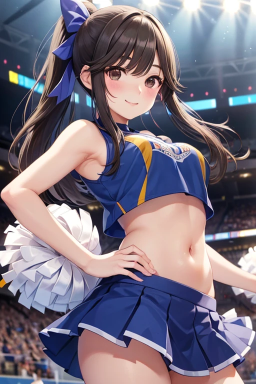 Takane Manaka、 Shiny brown long hair、 ribbon ponytail,、 beautiful brown eyed ********************** 、smile、Sparkling Eyes, (fine grain)、 very detailed eyes、 extremely detailed face,  very detailed eyes, masterpiece,  best quality,  high definition , ( best quality,masterpiece:1.2),Alone,Alone、 cowboy shots、nsfw、




(masterpiece:1.5),(Sound quality ),(high res), one woman alone ,smile, cheerleader, belly button、黄色の cheerleaderの制服,  I looked up at , Stadium