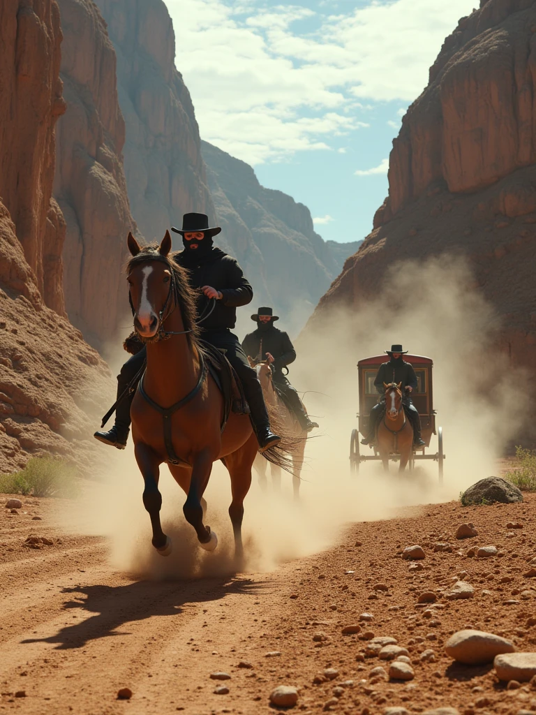 IMG_3127.CR2: A high-intensity action scene featuring a group of masked bandits ambushing a stagecoach in a narrow, rocky canyon. The bandits, on horseback, are mid-gallop, guns drawn as they close in on their target. The stagecoach, dust flying from its wheels, is speeding through the canyon, the horses straining against the pull of the bandits’ chase. The echoes of gunshots reverberate through the canyon walls, adding to the chaos. The characters’ faces are filled with adrenaline, determination, and tension, capturing the high stakes of the ambush. The canyon’s steep rock walls create a dramatic and claustrophobic atmosphere, with the sunlight casting sharp shadows across the scene. The dust and smoke swirl around, creating a sense of urgency and danger. The color palette is rich with earth tones, the warm yellows and oranges of the desert contrasting with the cooler, shadowed blues and grays of the canyon. Tags: best quality, high quality, perfectly textured, cinematic action, high tension, western ambush, dramatic lighting, dust and smoke, intense chase.”