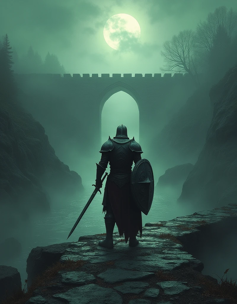 In the foreground, with his back to us is a warrior in heavy knight armor , with a long sword in his right hand and big with an iron shield in his left hand ,, he stands on an ancient stone bridge over the ditch , at the bottom, ripples of water glitters through the clouds of fog (in the ditch ),  in front, the bridge is wrapped in an ominous witchcraft greenish-gray fog, from Katorog to war (on camera ) , ominous terrible zombie medieval wars run , maximum detail,maximum quality ,evening,moonlight, the glitter of a steel sword war ,