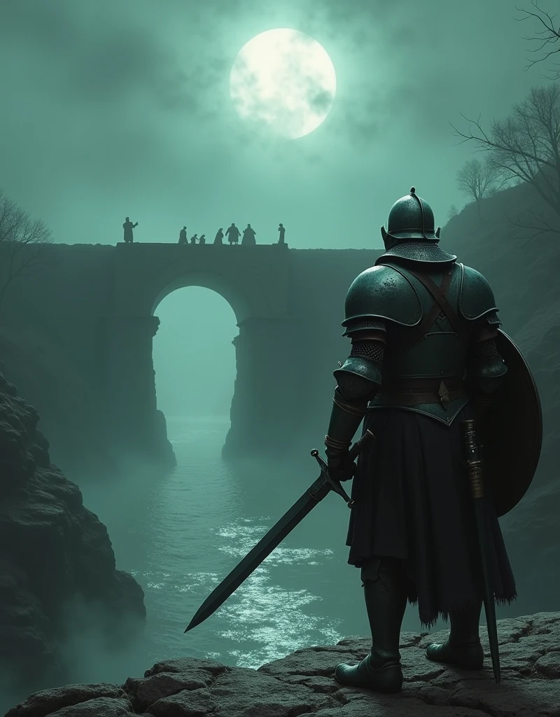 In the foreground, with his back to us is a warrior in heavy knight armor , with a long sword in his right hand and big with an iron shield in his left hand ,, he stands on an ancient stone bridge over the ditch , at the bottom, ripples of water glitters through the clouds of fog (in the ditch ),  in front, the bridge is wrapped in an ominous witchcraft greenish-gray fog, from Katorog to war (on camera ) , ominous terrible zombie medieval wars run , maximum detail,maximum quality ,evening,moonlight, the glitter of a steel sword war ,