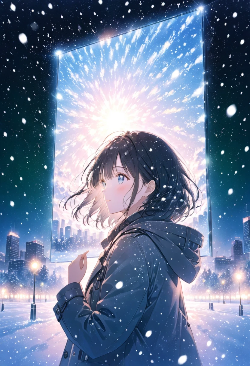 pastel、Glowing Picture  , One Woman , upper body, cowboy shots, coat,Black Hair, blue eyes,Wearing a cold ,blush　 the background is the city,Snow Scene, Diamond Dust　happiness, a scene from the movie , Best Moments Seen from a Distance Green Background