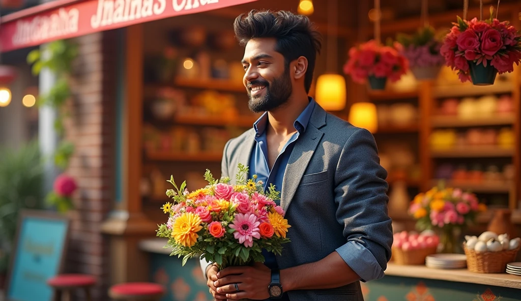 (vijay), (Thalapathy), handsome man standing near to boquet shop, colorful and happy smile, hyper realistic, 1 man, beautiful detailed eyes, beautiful detailed lips, extremely detailed face and skin, striking facial features, chiseled jawline, muscular build, stylish outfit, holding a bouquet of flowers, warm lighting, vibrant colors, photorealistic, cinematic composition, dramatic lighting, intricate details, high resolution, 8k, masterpiece
