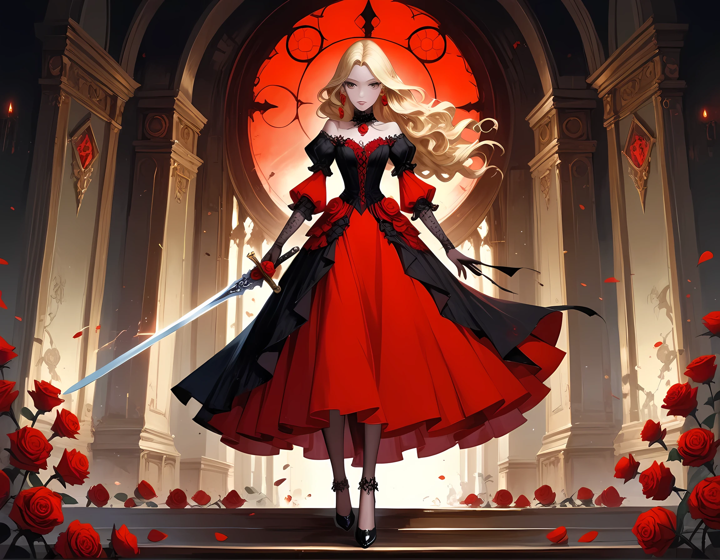 modisn disney, Arafed,  Dark fantasy art, fantasy art, goth art, a picture of a female vampire, pale white skin, blond hair, long hair, wavy hair, (glowing grey: 1.3) eyes, she wears a (red: 1.3) red thigh suit, she holds a sword in hand, (ready for battle: 1.4) , the roses are imprinted on the suit (black: 1.4) black roses, high heels, full body shot, dark glamour shot, dark castle, dark, black and color, Dark Art Painting Style, flower dress,