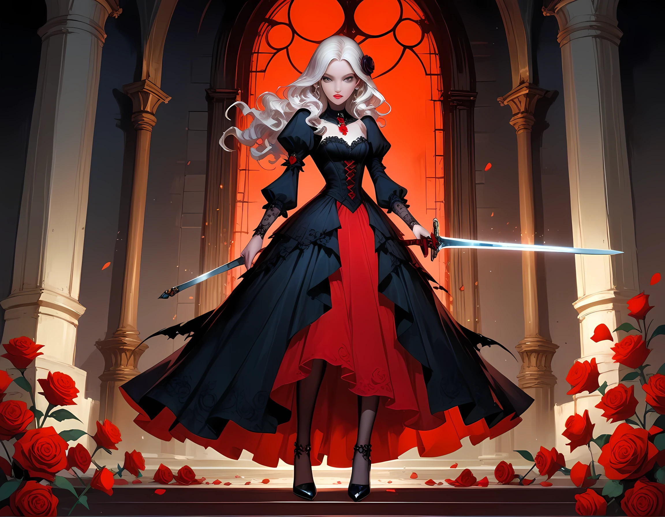 modisn disney, Arafed,  Dark fantasy art, fantasy art, goth art, a picture of a female vampire, pale white skin, blond hair, long hair, wavy hair, (glowing grey: 1.3) eyes, she wears a (red: 1.3) red thigh suit, she holds a sword in hand, (ready for battle: 1.4) , the roses are imprinted on the suit (black: 1.4) black roses, high heels, full body shot, dark glamour shot, dark castle, dark, black and color, Dark Art Painting Style, flower dress,