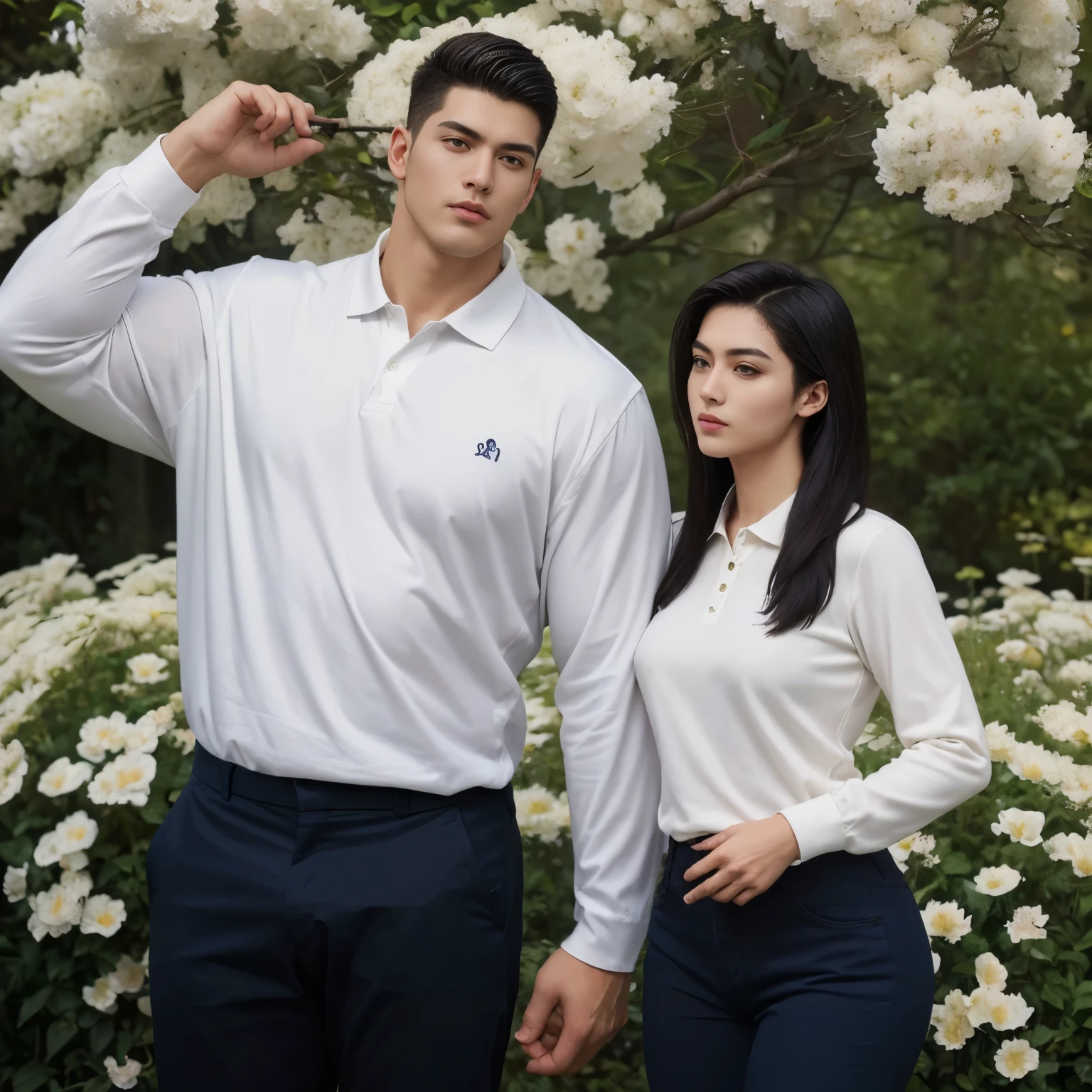 ((extra Big Tall giant muscular men , Quif hairstyle fade ,  )). ((with short slim  beautiful  women wearing Long sleeve navy casual, long pants, , long hair)) , stand   in around flowers,  he wearing navy polo  and cream pants,,,  , modeling pose, he holding her , perfect detailed, realistic,  perfect skin, masterpiece  , , vintage, ,Stright couple, look each other