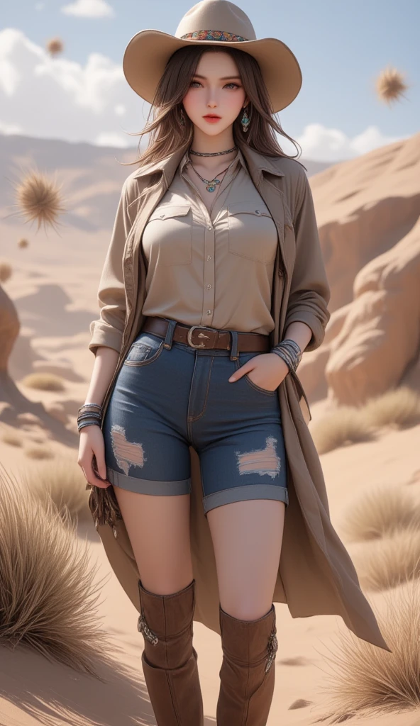 cool beauty cowgirl, living expressions, hourglass figure, wearing (cowboy hats, duster coats, western shirts, vests, jeans, chaps, western boots, bolo ties, neckerchiefs, gun belts, turquoise and silver accessories), background red soil wilderness, tumbleweeds, sandstorms, various effects, delicate and dynamic textures, contrasts of light and shadow, 2.5D, artistic photography, hyper realistic, digital graphic CG, BREAK ultra detailed, absolutely resolution, best quality