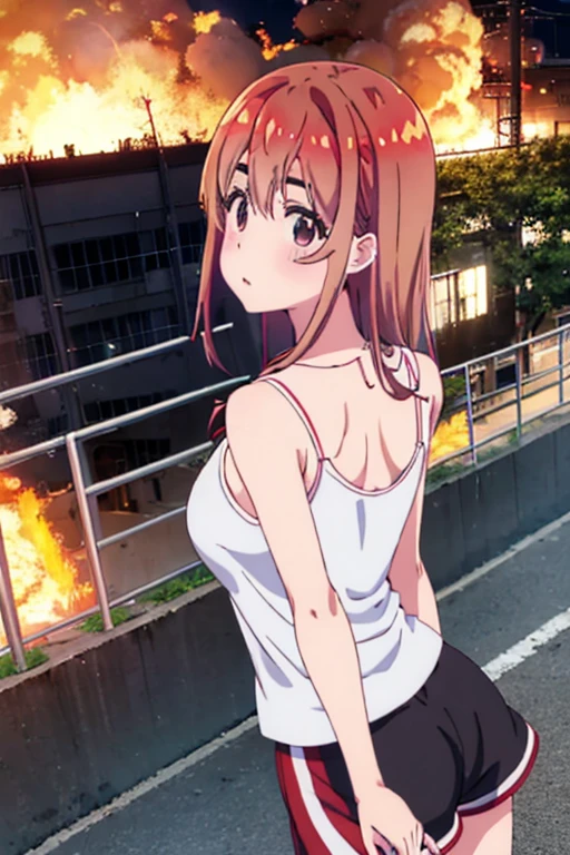 Sumi Sakurasawa、holding hundgun、at night、fence、1 girl、 cleavage、 Black Tank Top、 sexy black shorts、Turn around and show your butt、Infiltrate a military base、Military base exploding in flames、The building is on fire