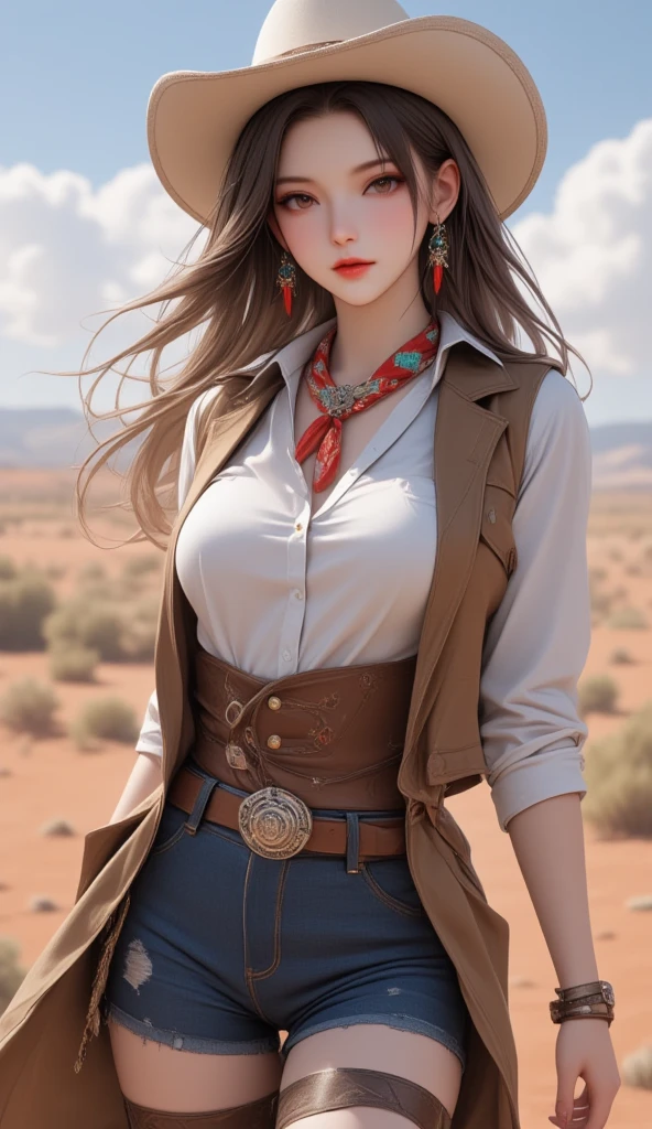 cool beauty cowgirl, living expressions, hourglass figure, wearing (cowboy hats, duster coats, western shirts, vests, jeans, chaps, western boots, bolo ties, neckerchiefs, gun belts, turquoise and silver accessories), background red soil wilderness, tumbleweeds, sandstorms, various effects, delicate and dynamic textures, contrasts of light and shadow, 2.5D, artistic photography, hyper realistic, digital graphic CG, BREAK ultra detailed, absolutely resolution, best quality