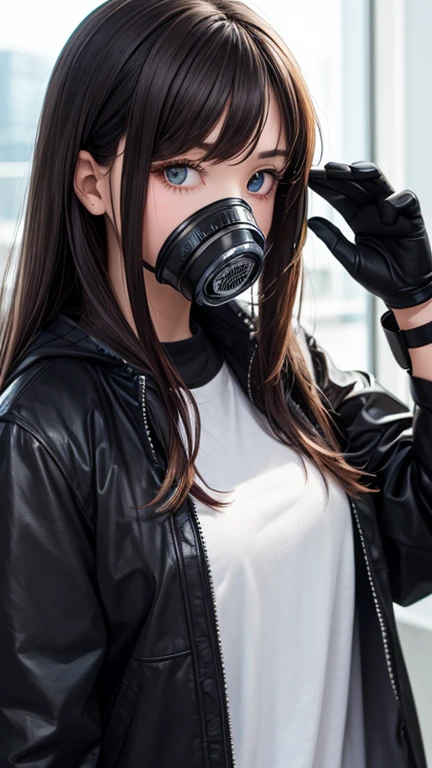 1girl, android, gas mask, long hair, mixed hair color, heterochromia eyes, jacket, gloves