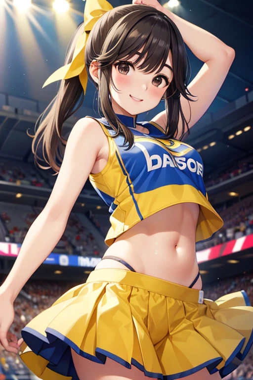 Takane Manaka、 Shiny brown long hair、 ribbon ponytail,、 beautiful brown eyed middle school students 、smile、Sparkling Eyes, (fine grain)、 very detailed eyes、 extremely detailed face,  very detailed eyes, masterpiece,  best quality,  high definition , ( best quality,masterpiece:1.2),Alone,Alone、 cowboy shots、nsfw、




(masterpiece:1.5),(Sound quality ),(high res), one woman alone ,smile, cheerleader, belly button、((Yellow Uniform)),  I looked up at , Stadium