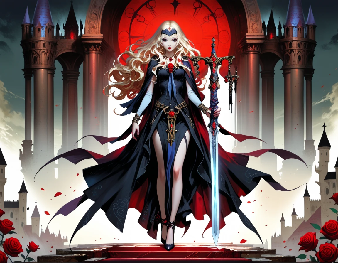 modisn disney, Arafed,  Dark fantasy art, fantasy art, goth art, a picture of a female vampire, pale white skin, blond hair, long hair, wavy hair, (glowing grey: 1.3) eyes, she wears a (red: 1.3) red thigh suit, she holds a sword in hand, (ready for battle: 1.4) , the roses are imprinted on the suit (black: 1.4) black roses, high heels, full body shot, dark glamour shot, dark castle, dark, black and color, SwordMaiden