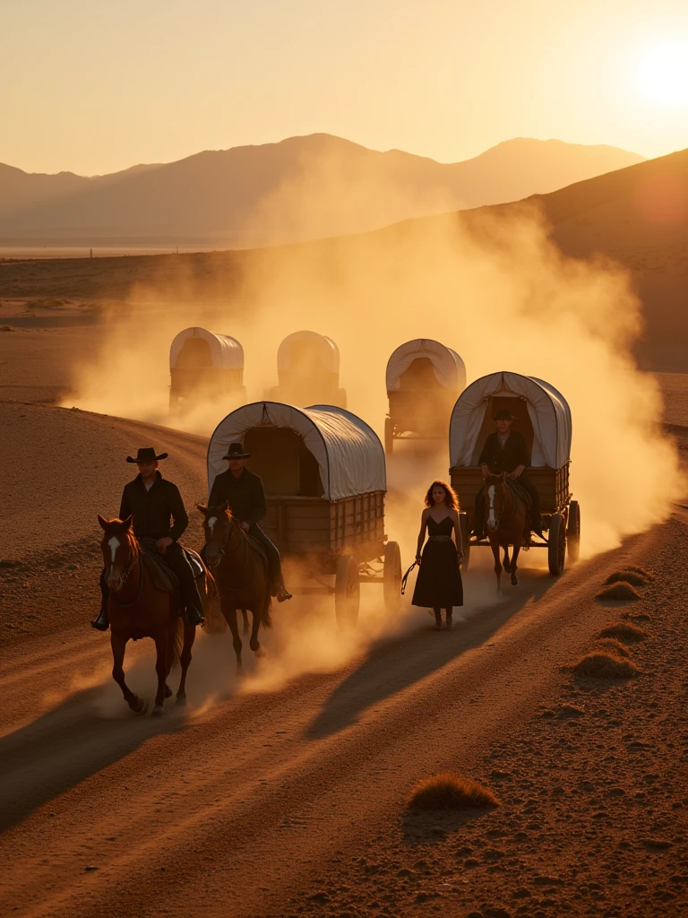 IMG_5489.CR2: A powerful and emotional scene depicting a caravan of covered wagons traversing a rugged trail through the desert, surrounded by distant mountains. The caravan is slowly making its way across the arid landscape, with dusty trails trailing behind them. ren can be seen playfully running along the wagons, while women tend to campfires, cooking meals under the open sky. Cowboys, vigilant and alert, ride alongside the caravan, keeping watch for any potential threats. The warm glow of the twilight sun bathes the scene in soft golden and orange hues, creating a sense of perseverance and unity among the pioneers. The rugged terrain and distant mountains amplify the feeling of isolation and struggle, while the tender moments of daily life highlight their resilience. The color palette is a blend of warm desert tones, golden sunset light, and soft shadows, adding depth and emotion to the scene. Tags: best quality, high quality, perfectly textured, cinematic lighting, emotional depth, western pioneers, rugged landscape, twilight glow, perseverance, historical atmosphere.”