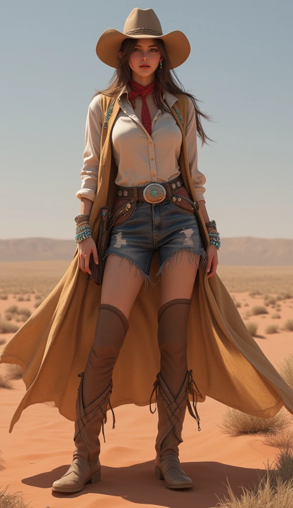 cool beauty cowgirl, living expressions, hourglass figure, wearing (cowboy hats, duster coats, western shirts, vests, jeans, chaps, western boots, bolo ties, neckerchiefs, gun belts, turquoise and silver accessories), background red soil wilderness, tumbleweeds, sandstorms, various effects, delicate and dynamic textures, contrasts of light and shadow, 2.5D, artistic photography, hyper realistic, digital graphic CG, BREAK ultra detailed, absolutely resolution, best quality