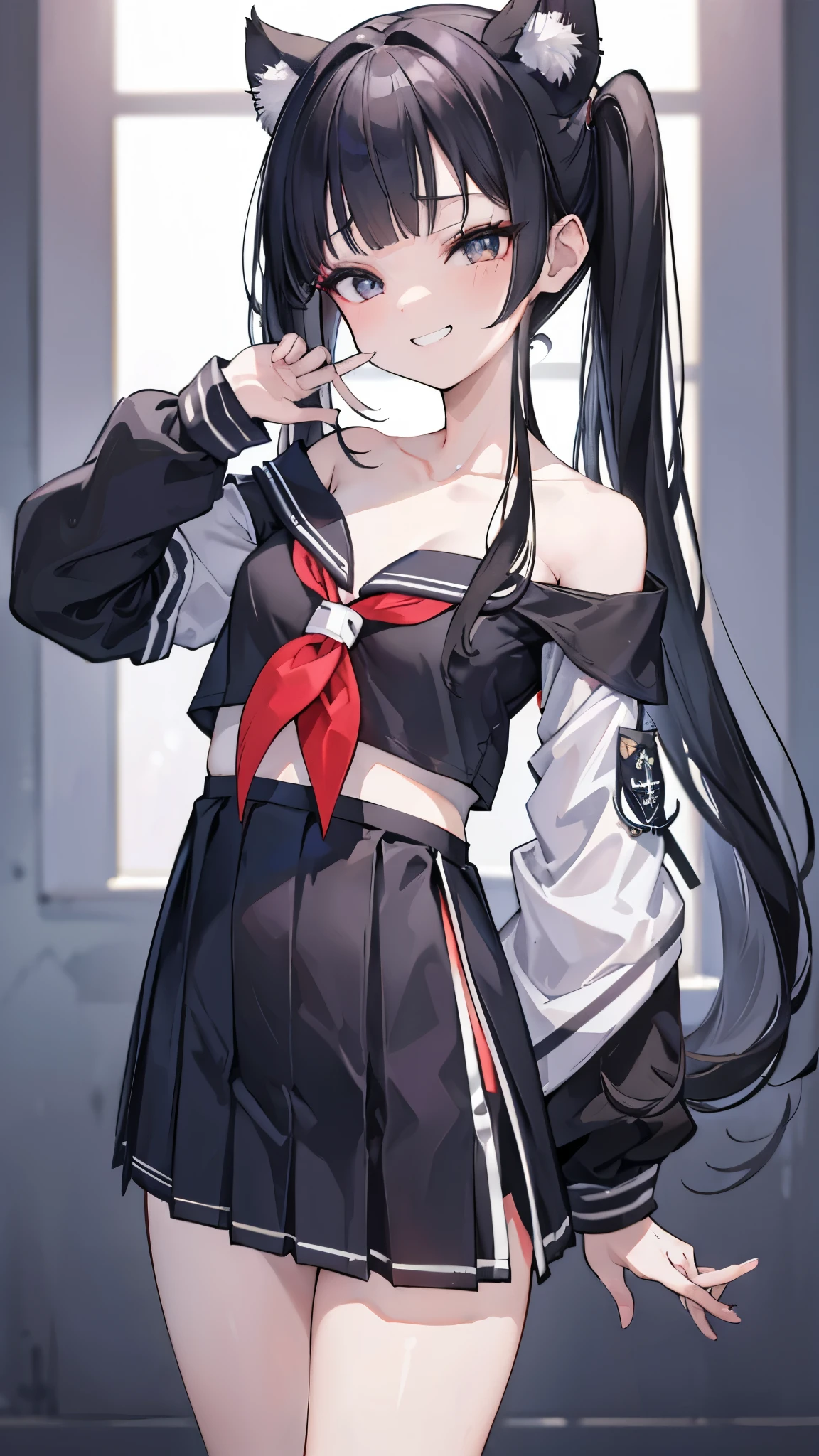 ((masterpiece、 best quality、 very detailed))、 one girl 、 black hair、 long hair、twintails、blunt bangs、 gray eyes、evil smile、(( clench teeth))、Moderate 、 pointed ears、(((( sailor suit))))、((clavicle))、 Long Sleeve 、(((( off-shoulder ))))、(((( Strapless ))))、Shoulder、belly button、(( black pleated skirt ))、((micro ))、 cowboy shots、 Classroom Background