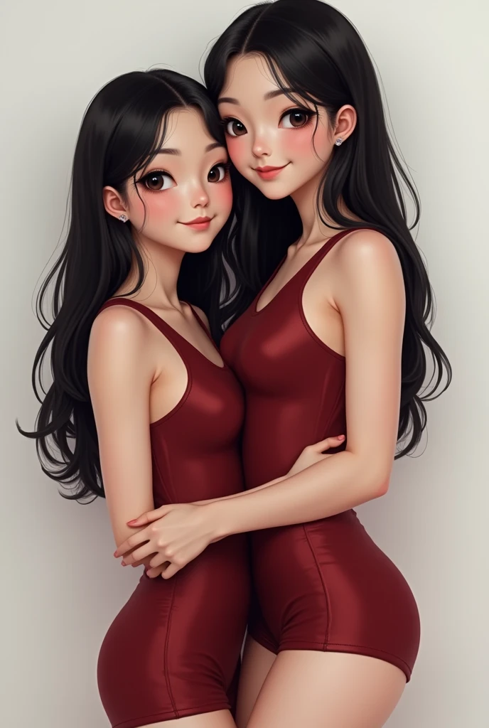 Two beautiful young blindfolded women hugging each other.