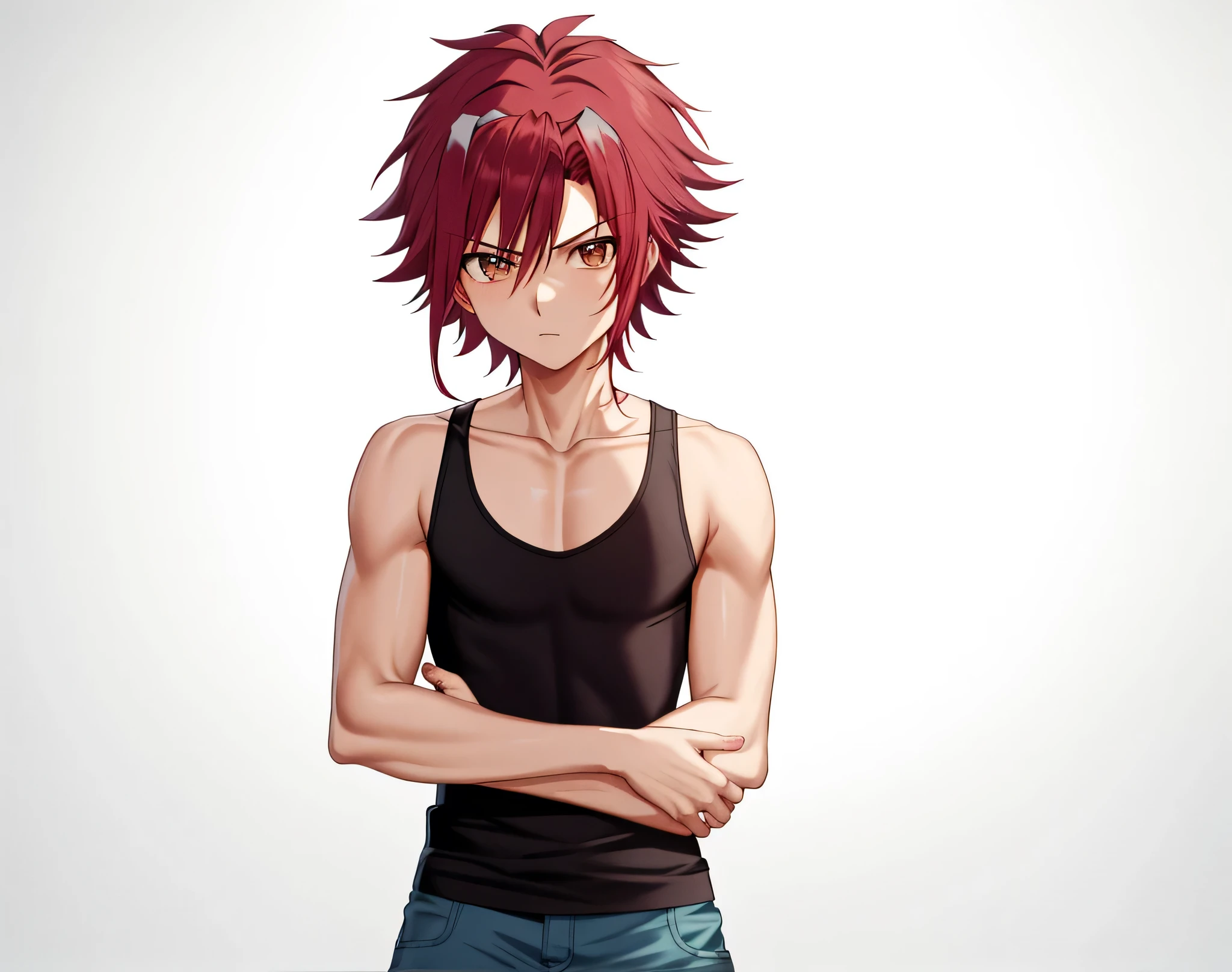 床に立っている red hairのAnime Male, Anime Male,  anime styleキャラクター, clothing: black tank top , Man wearing denim shorts,  anime styleで,  anime style,  anime style, Knight of the Zodiac Boy, Short Hair,  red hair,  Teal Eyelids, In anime style,  Skin Tight Tank Top , Bare Arms, Bare shoulders, Alone, looking at viewer,  male focus ,  cowboy shots,　