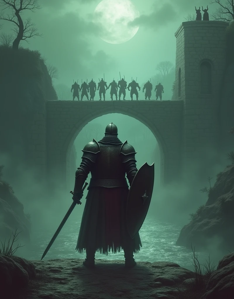 In the foreground, with his back to us is a warrior in heavy knight armor , with a long sword in his right hand and big with an iron shield in his left hand ,, he stands on an ancient stone bridge over the ditch , at the bottom, ripples of water glitters through the clouds of fog (in the ditch ),  in front, the bridge is wrapped in an ominous witchcraft greenish-gray fog, from Katorog to war (on camera ) , ominous terrible zombie medieval wars run , maximum detail,maximum quality ,evening,moonlight, the glitter of a steel sword war ,