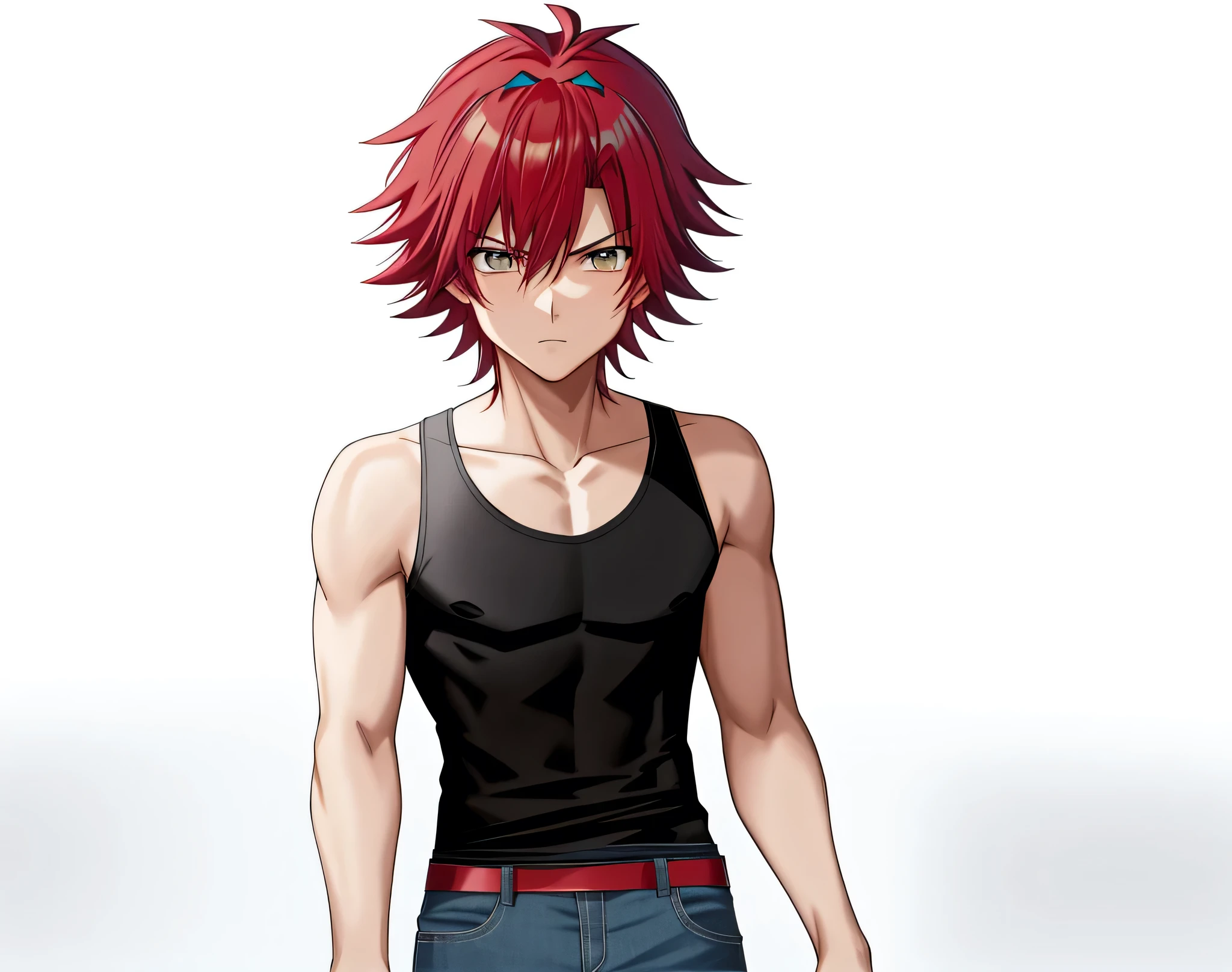 足を組んで床に座っている red hairのAnime Male, Anime Male,  anime styleキャラクター, clothing: black tank top , Man wearing denim shorts,  anime styleで,  anime style,  anime style, Knight of the Zodiac Boy, Short Hair,  red hair,  Teal Eyelids, In anime style,  Skin Tight Tank Top , Bare Arms, Bare shoulders, Alone, looking at viewer,  male focus ,  cowboy shots,　