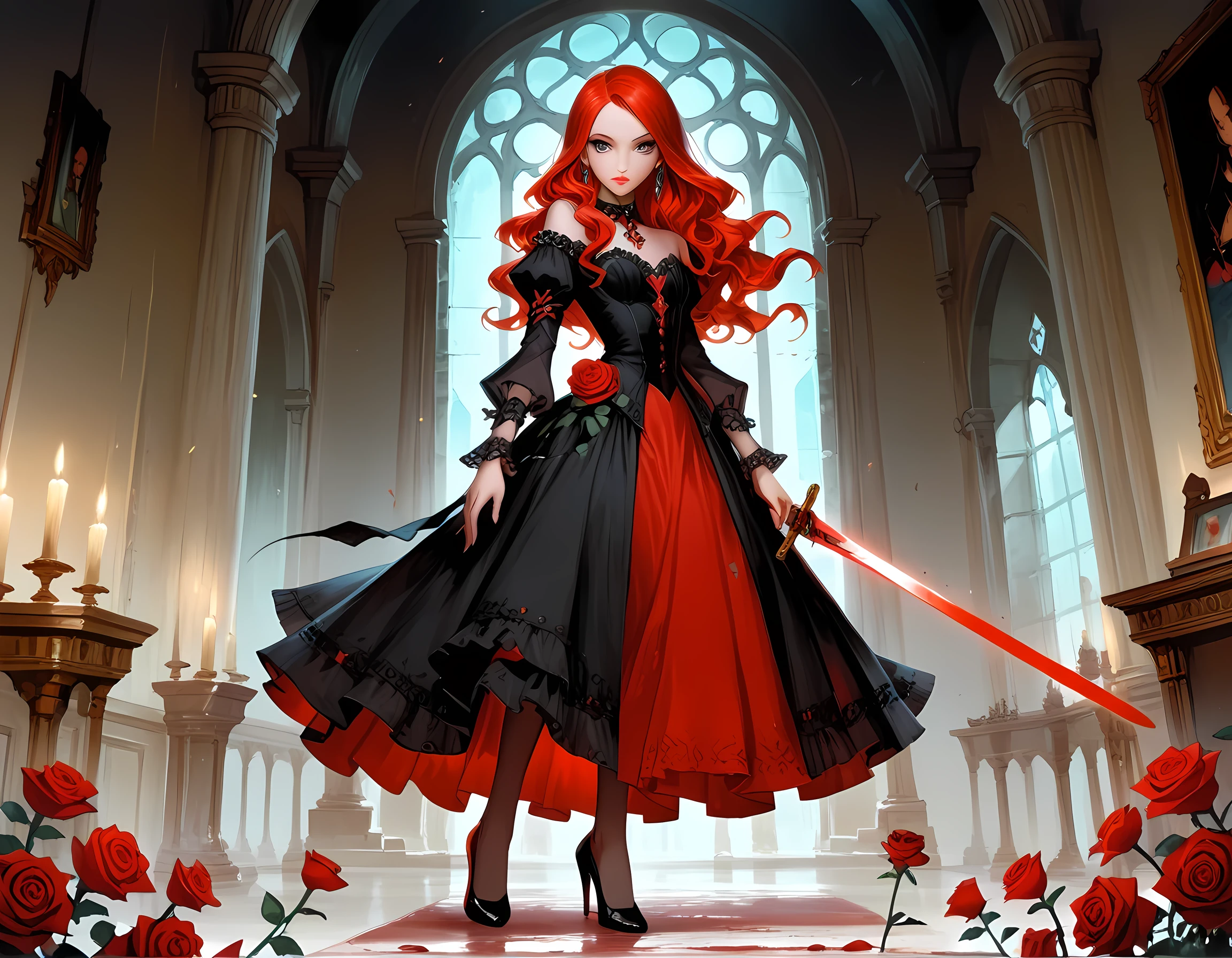 modisn disney, Arafed, Dark fantasy art, fantasy art, goth art, a picture of a female vampire, pale white skin, blond hair, long hair, wavy hair, (glowing grey: 1.3) eyes, she wears a (red: 1.3) red thigh suit, she holds a sword in hand, (ready for battle: 1.4) , the roses are imprinted on the suit (black: 1.4) black roses, high heels, full body shot, dark glamour shot, dark castle, dark, black and color, Dark Art Painting Style, flower dress, manga style