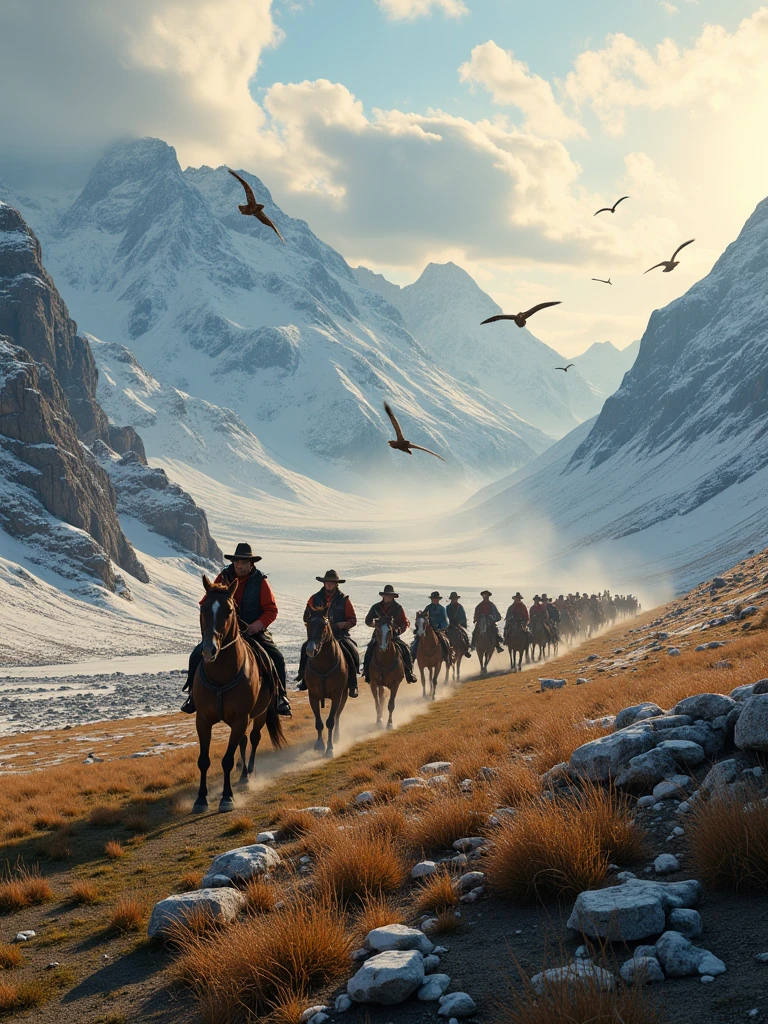 IMG_3024.CR2: An epic scene depicting settlers reaching the edge of unexplored territory, with towering snow-covered mountains in the distance and a shimmering river winding through the valley below. The settlers, mounted on horseback and leading their wagons, march forward with determination and hope. Cowboys guide the group, their faces set with resolve, as they push toward the vast unknown. Above, majestic eagles soar across the open sky, symbolizing freedom and the promise of new horizons. The scene is bathed in the soft golden light of the early morning, casting long shadows across the snow and illuminating the settlers’ journey. The expansive landscape emphasizes both the beauty and the challenges of the frontier, with the stark contrast between the rugged wilderness and the hope of the pioneers. The color palette features cool blues and whites of the snow, contrasted with the warm golden tones of the sun, creating a balance of serenity and adventure. Tags: best quality, high quality, perfectly textured, cinematic lighting, epic journey, frontier spirit, settler determination, wilderness exploration, wide open skies, majestic nature.”