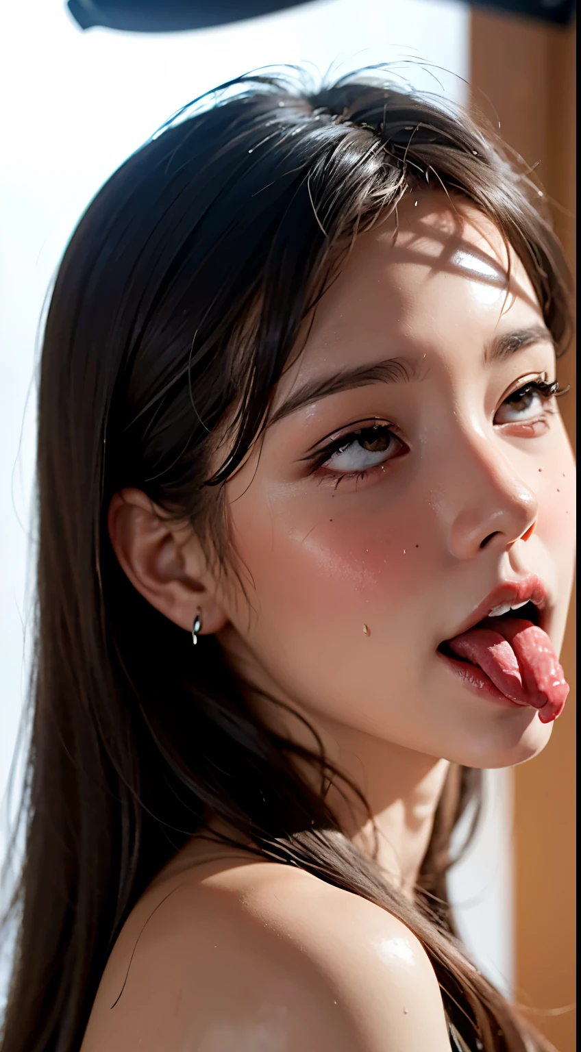 Taylor Hill、High resolution realistic photos,8K,Realistic skin texture,to be born々New People々々,1 Girl,Tabletop,,Awards - Winning Photos, Very detailed, Keep your eyes focused, Nose and mouth,Face Focus, Extreme close up of face、Woman with open mouth and closed eyes, Black camisole、20-year-old,Black-haired、Symmetrical face,Realistic nostrils、Angle from below、Elongated C-shaped nostrils,((Gray background))、Sweaty skin、Lighting that emphasizes glowing skin caused by sweat、((Sharp Nose))Skin shiny with sweat、Shiny skin、Sweaty hair、sunlight、(Brow wrinkles)((Frowning))（cum on tongue)、Deep Kiss、((Thin eyebrows))((Oily skin、Glowing Skin))、double eyelid、Wet and shiny tongue、Tied Hair、updo、Lift your head(((long tongue, saliva trail)))